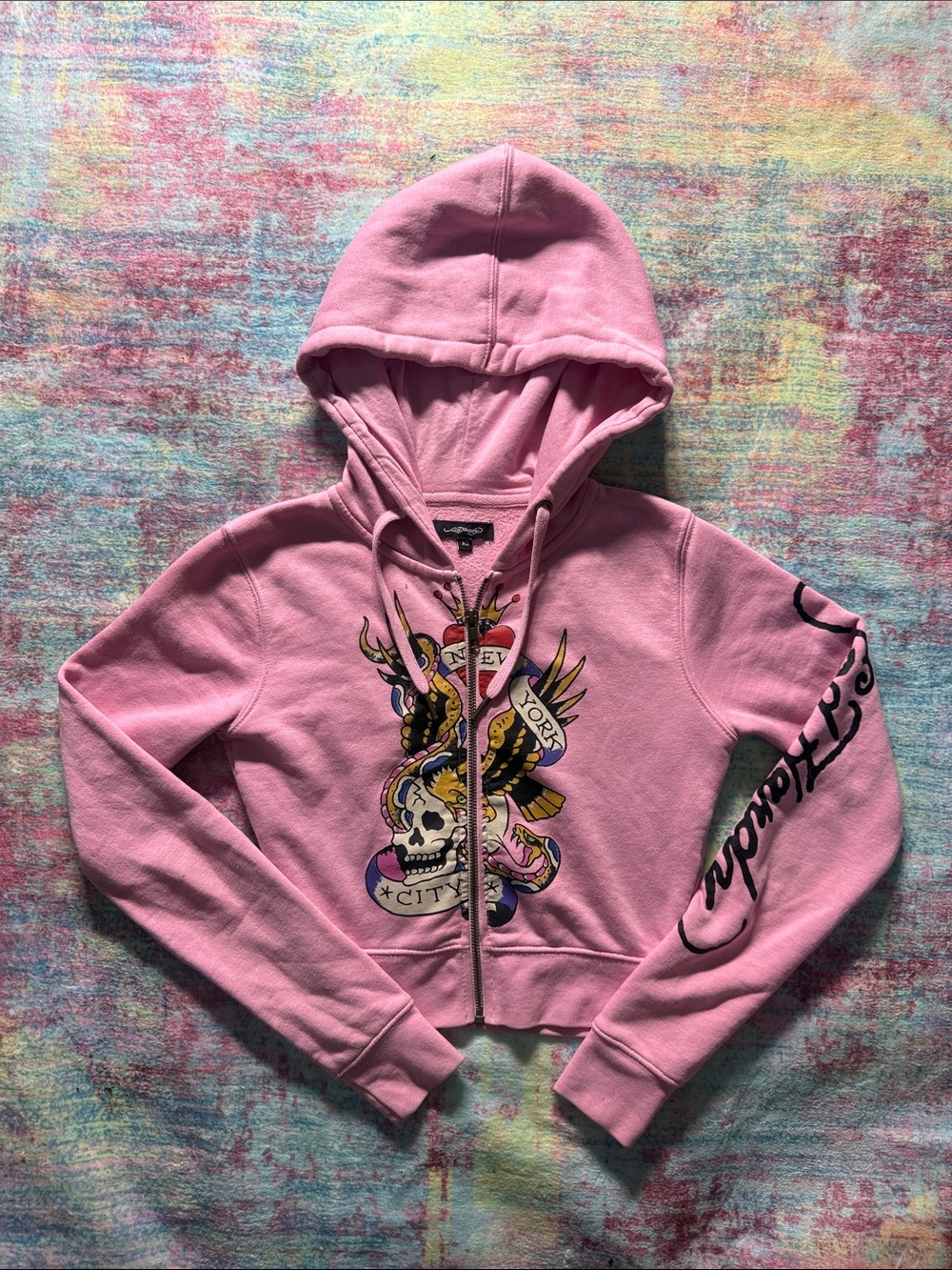 Ed Hardy Pink Zip-Up Hoodie with Skull & Snake Graphic